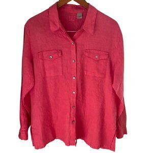 Lino by Chico's Women's Pink Coral Linen Button Up Long Sleeve Top Sz 2 Large